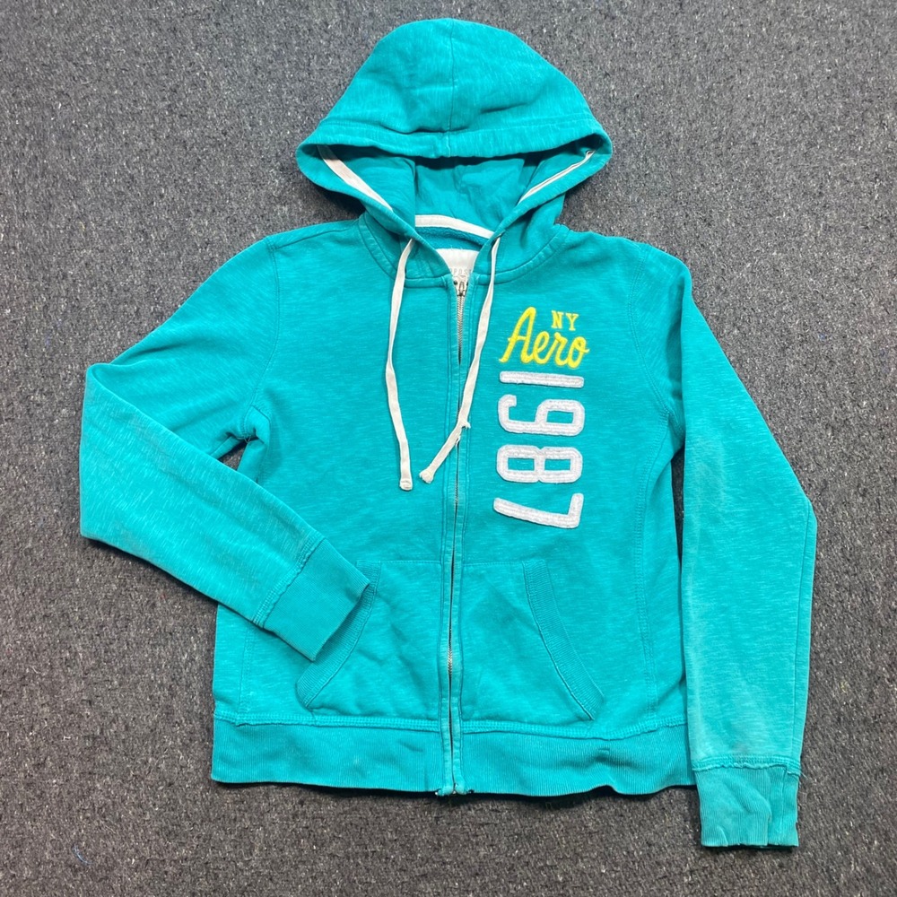 Aeropostale Zip Up Hoodie Sz S Womens Teal Y2K 1987 Logo Skater Slub Knit Hooded